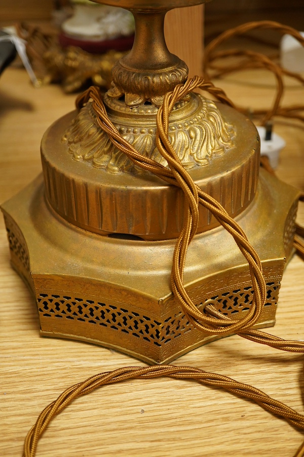 A pair of ruby glass, enamel and gilt metal table lamps, 57cm